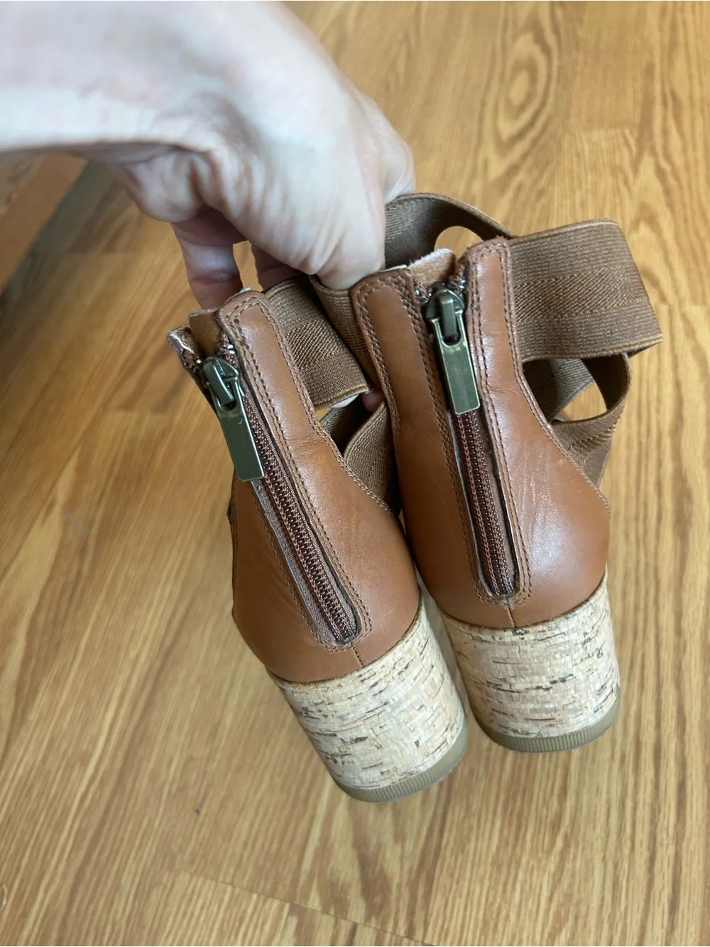 Sorel Cameron Brown Cork Wedge Sandals with Elastic Ankle Straps